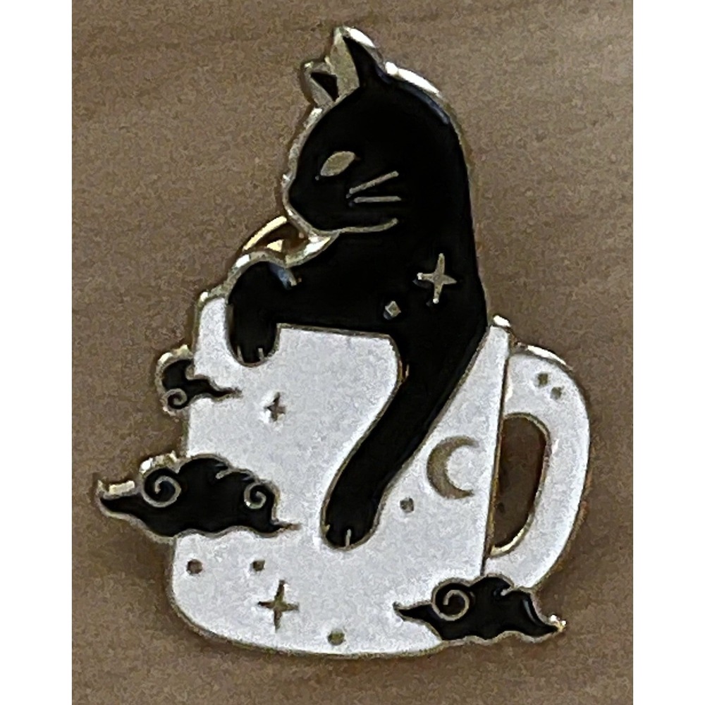 Black Cat Coffee Mug Enamel Pin Celestial Moon Stars Clouds Gold Tone Lapel Pin